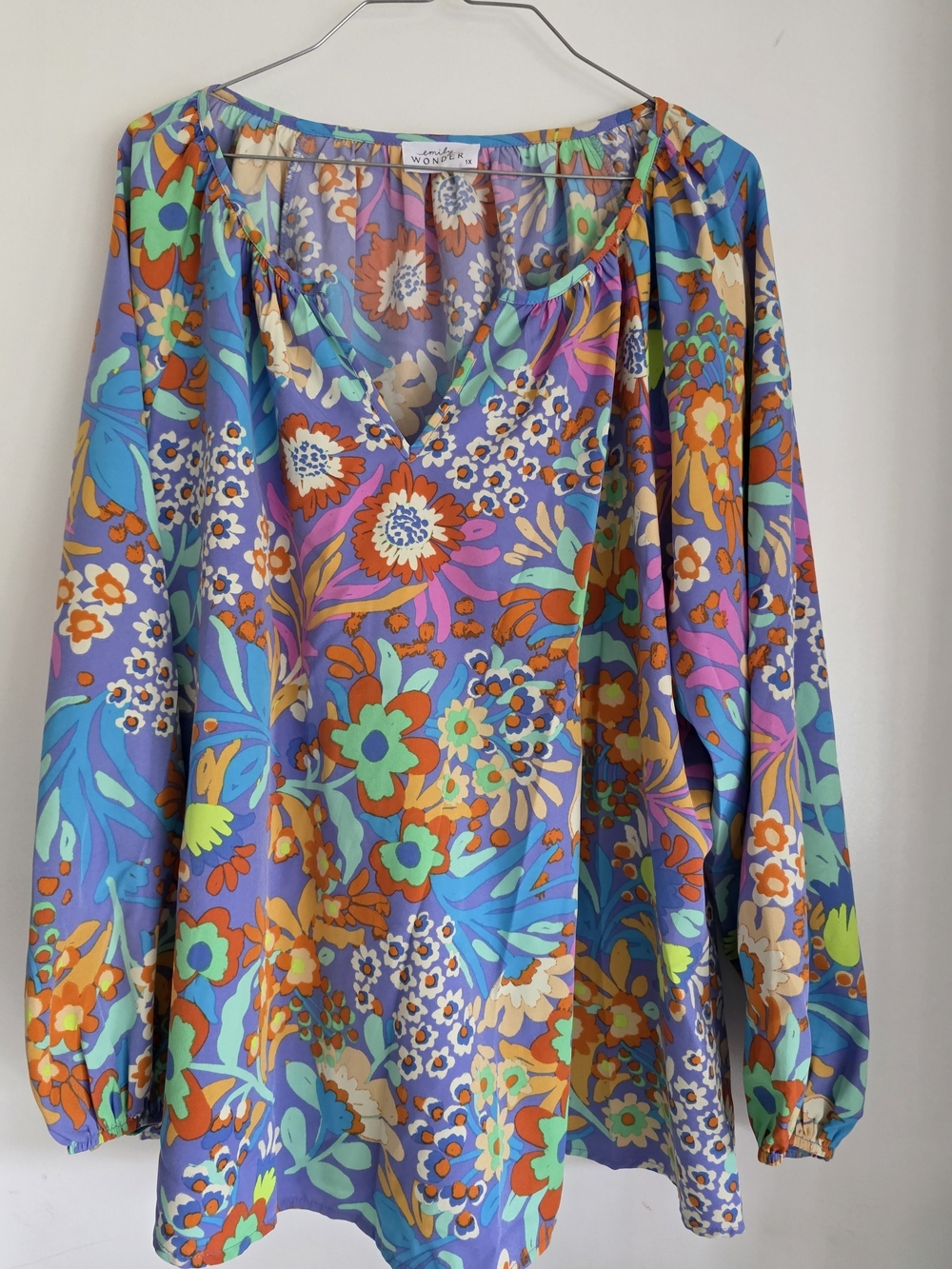 Emily Wonder Purple Multicolor Floral Long-Sleeve Peasant Blouse 1X